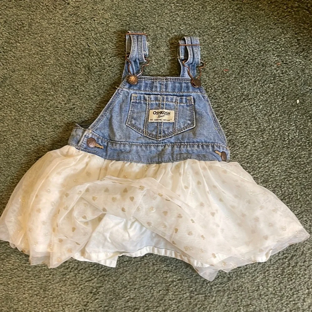 OshKosh Bgosh Vestbak Size 9M Blue Jean Overall and White Polk-A-Dot Dress - Picture 1 of 4
